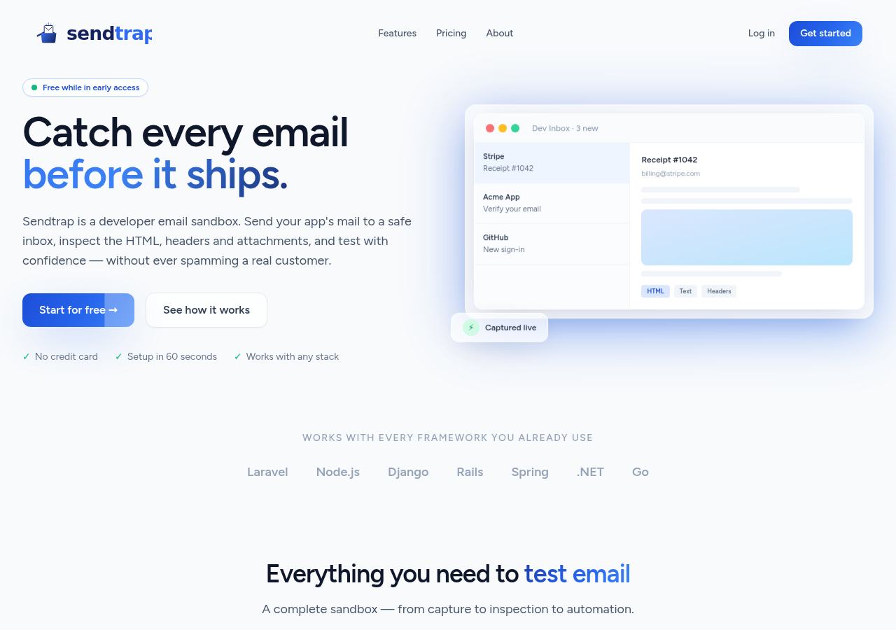 SendTrap — developer email sandbox built by JW Web